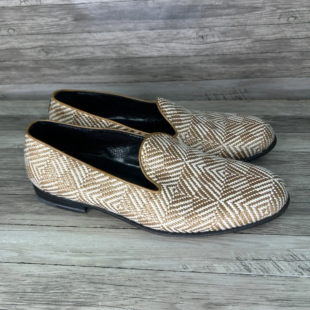 A. Testoni Italy Mens Woven Raffia Loafers Size 8 Geometric Old Money‎ Preppy